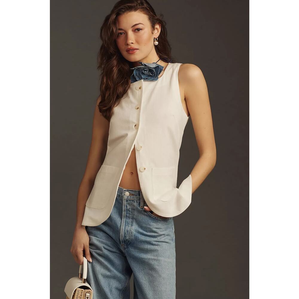Anthropologie Maeve Mod Linen Square-Neck Longline Vest Ivory Women's Size XL